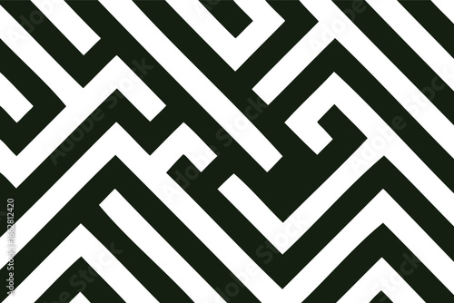 Black and White Geometric Maze Pattern,Abstract Maze-Inspired Chevron Background,Seamless Interlocking Lines Optical Art