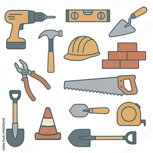 Outline Handdrawn Construction Tools Equipment Building Element Illustration Graphic Set