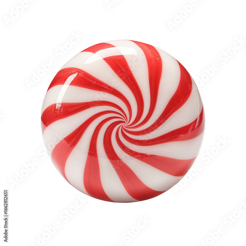 Red and white peppermint candy swirl close-up isolated on black background glossy mint sweet