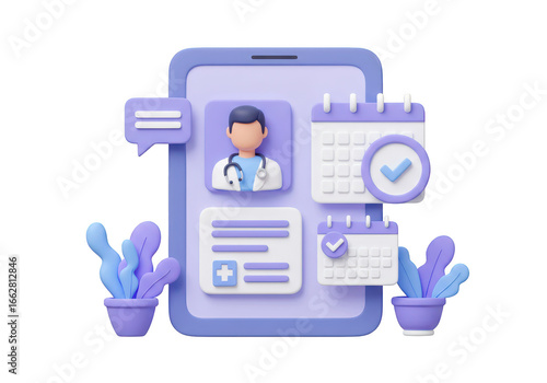 3d illustration of a medical app on a smartphone, featuring a doctor profile, calendar, and health information, isolated on transparent background