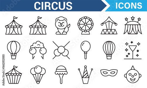 Vector Icons of Circus Tent, Animals, and Performances