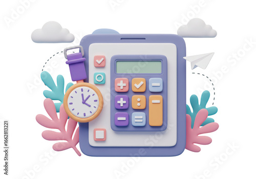 3d illustration of a tablet with a calculator, clock, and decorative plants, symbolizing financial calculation and time management, isolated on transparent background