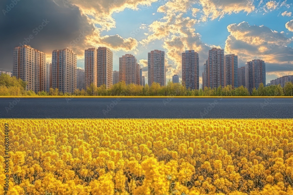 Obraz premium Bright yellow flower field in front of a forest and tall city apartment buildings under a dramatic cloudy sky during sunset