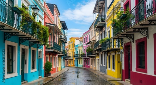 Vibrant and colorful colonial architecture along a picturesque street in a historic Caribbean city