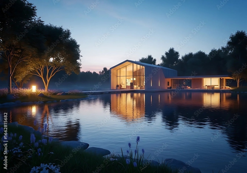Obraz premium Modern house reflecting in a lake at dusk surrounded trees
