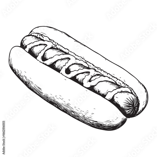 Hot dog with mustard and relish woodcut engraving vector illustration
