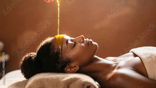 Relaxing ayurvedic experience with shirodhara oil therapy on serene woman.