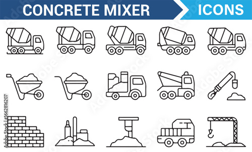 Thin Line Construction Machinery and Concrete Mixer Icons for Visuals