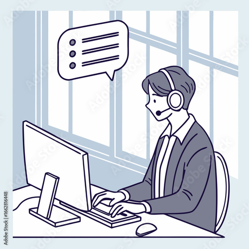 Customer Service Agent at Desk Using Computer and Headset