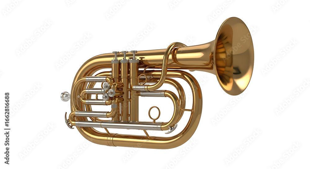 Obraz premium A shiny golden euphonium instrument displayed against a stark white background in high resolution ai generated