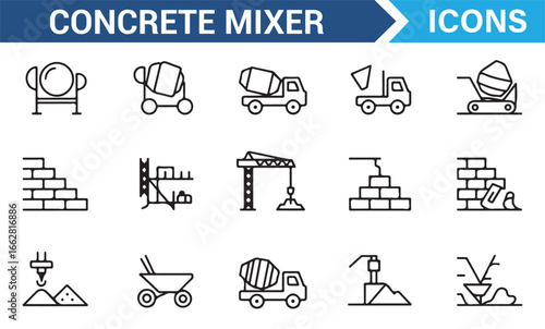 Concrete Mixing and Construction Machinery Icons for Industrial Design
