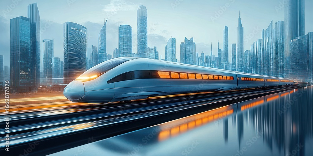 Fototapeta premium High-speed modern train with glowing orange windows speeding through a futuristic cityscape with tall skyscrapers reflecting on water under a cloudy sky