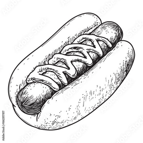 Hot dog with mustard and relish woodcut engraving vector illustration
