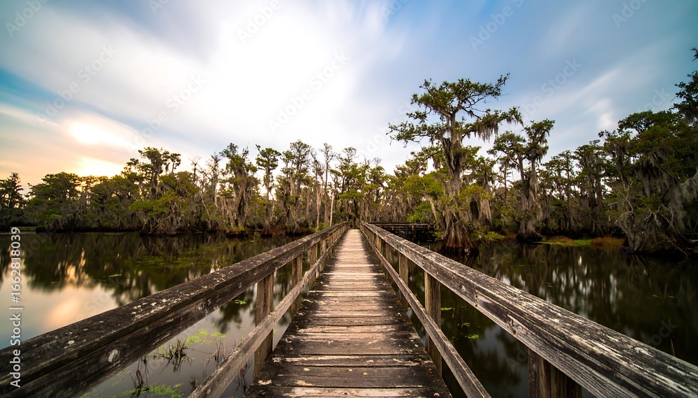 Fototapeta premium Wooden boardwalk through a swamp at sunset