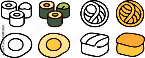 Cute Cartoon Sushi and Japanese Food Icons.