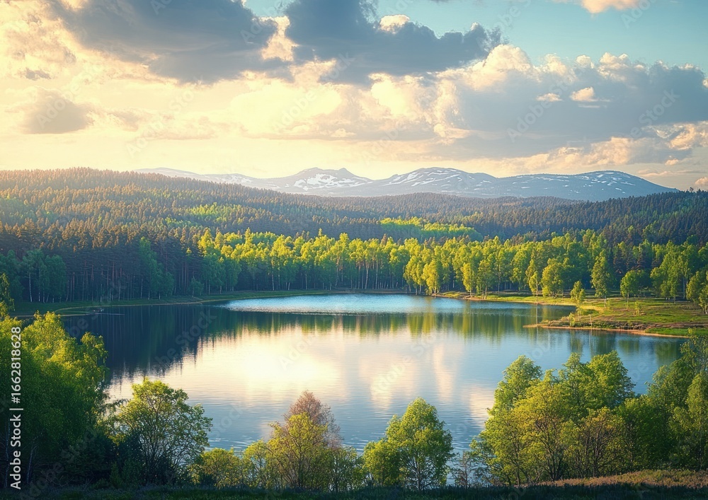 Fototapeta premium Peaceful lake surrounded by dense green forest with snow-capped mountains in the background under a partly cloudy sky during golden hour