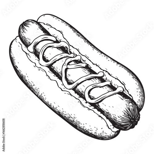 Hot dog with mustard and relish woodcut engraving vector illustration
