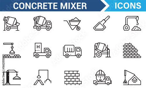 Minimalist Line Art Icons for Concrete Mixing and Construction Work