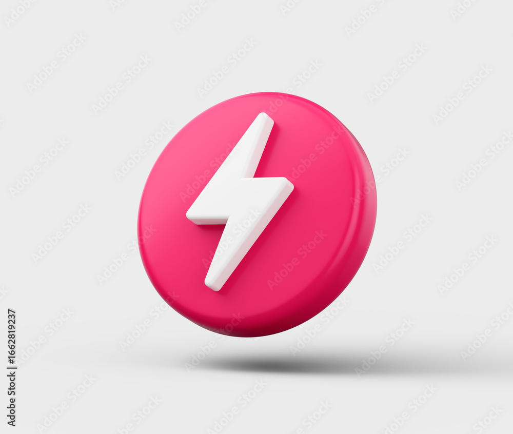 Pink icon with a white lightning bolt symbol, symbolizing energy, power and speed, 3d illustration Pink icon with a white lightning bolt symbol, symbolizing energy, power and speed, 3d illustration