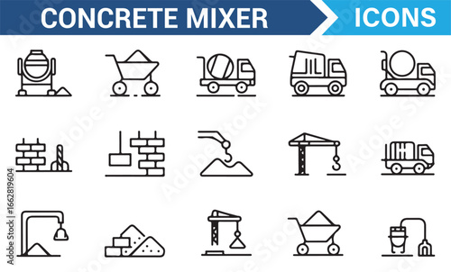 Vector Icons for Concrete Mixers, Trucks, and Construction Equipment
