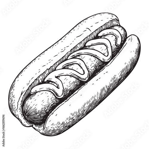 Hot dog with mustard and relish woodcut engraving vector illustration
