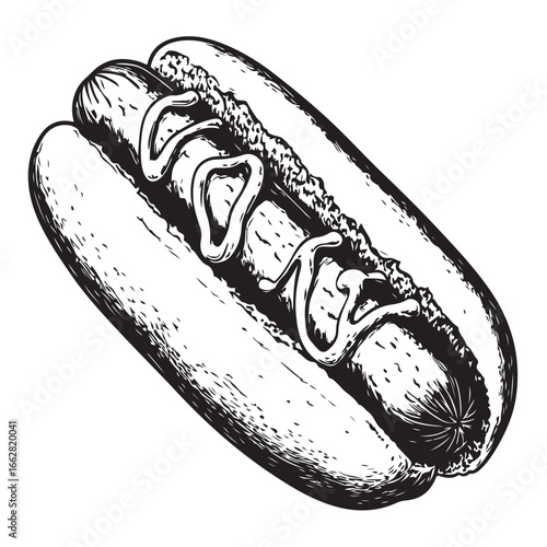 Hot dog with mustard and relish woodcut engraving vector illustration
