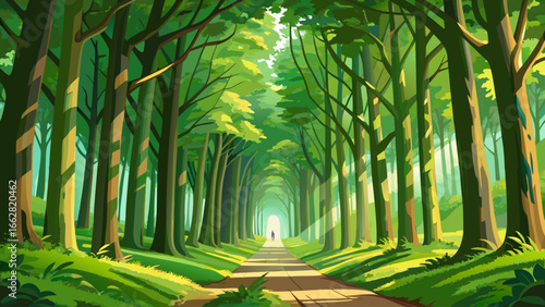 Scenic walkway in a lush green spring beech forest in Leuven, Belgium, forming a beautiful natural tunnel of tall trees with fresh foliage, atmospheric landscape ideal for eco tourism