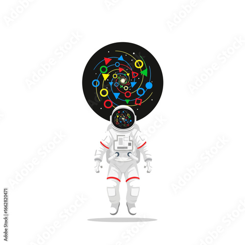 Astronaut contemplating a colorful, abstract cosmos above his head, in a vector illustration