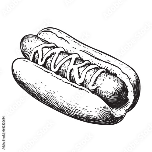 Hot dog with mustard and relish woodcut engraving vector illustration
