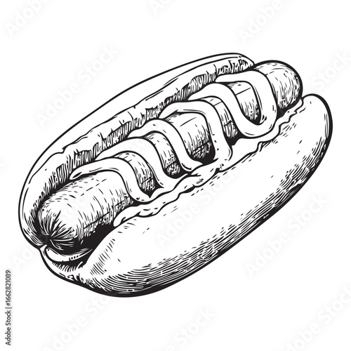 Hot dog with mustard and relish woodcut engraving vector illustration

