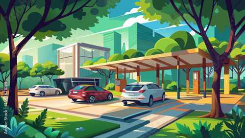 Tranquil urban parking lot surrounded by lush green trees and vegetation, with cars shaded under natural canopies, calm and serene atmosphere combining modern city infrastructure with peaceful nature