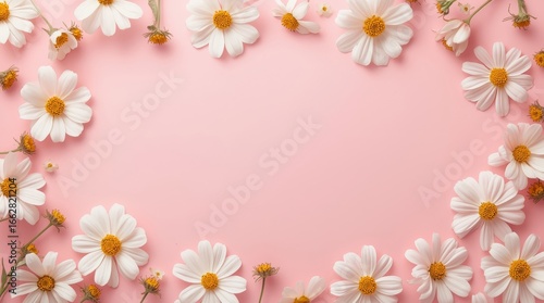 Minimal styled concept. White daisy chamomile flowers on pale pink background. Copy space. delicate white cosmos flowers with yellow centers scattered around the border