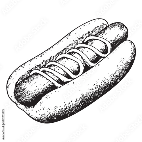 Hot dog with mustard and relish woodcut engraving vector illustration
