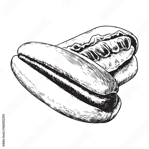 Hot dog with mustard and relish woodcut engraving vector illustration
