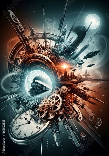 A fantastical journey through time, blending a steam train, a pocket watch, and a futuristic cityscape with spaceships.