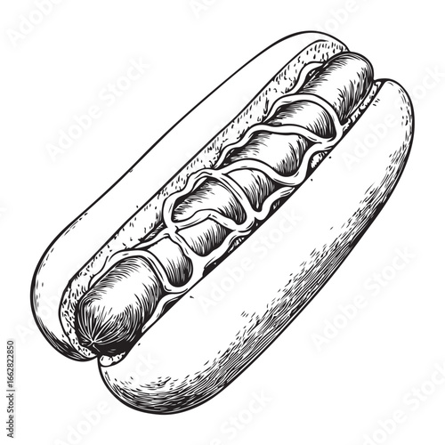 Hot dog with mustard and relish woodcut engraving vector illustration
