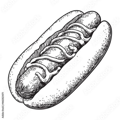 Hot dog with mustard and relish woodcut engraving vector illustration
