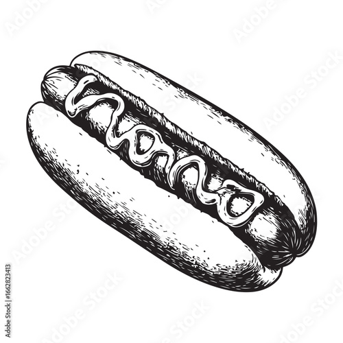 Hot dog with mustard and relish woodcut engraving vector illustration
