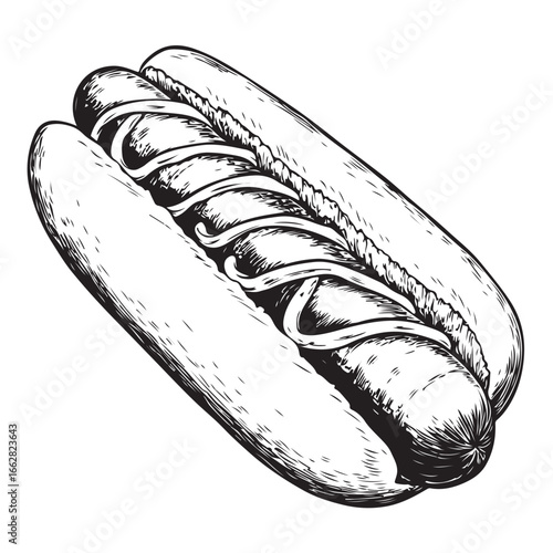 Hot dog with mustard and relish woodcut engraving vector illustration
