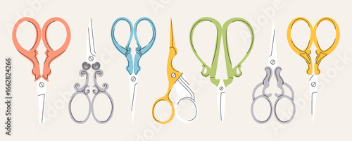 Set of various Scissors. Elegant, vintage, retro style. Hand drawn Vector illustration. Isolated design elements. Cutting hair, scissoring, shear concept