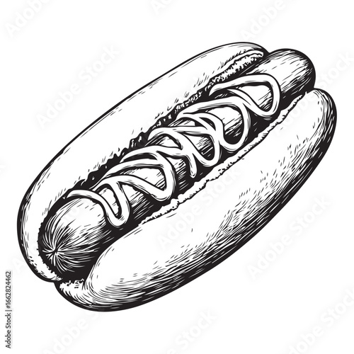 Hot dog with mustard and relish woodcut engraving vector illustration
