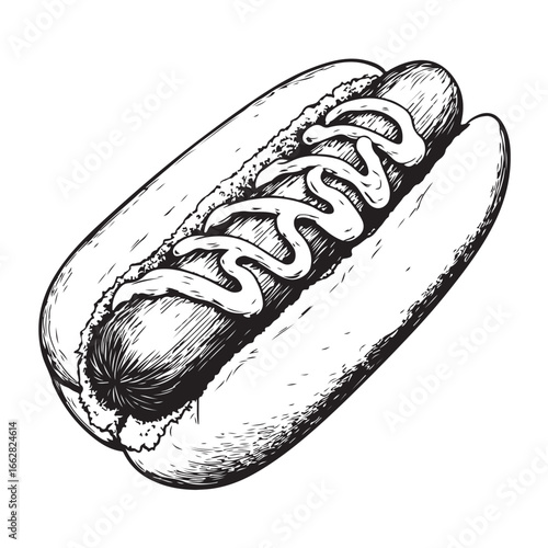 Hot dog with mustard and relish woodcut engraving vector illustration
