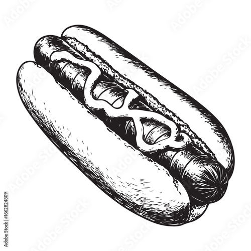 Hot dog with mustard and relish woodcut engraving vector illustration
