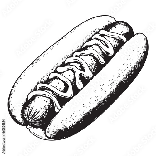 Hot dog with mustard and relish woodcut engraving vector illustration
