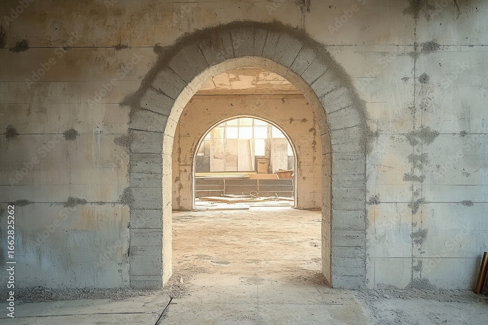 Naklejka premium Interior of an unfinished building featuring two stone archways and a dusty floor with construction materials scattered in the background
