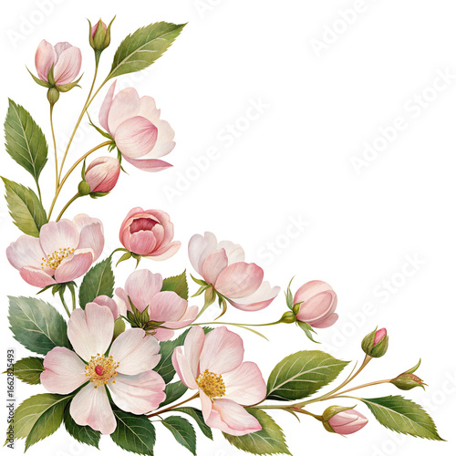 Elegant pink floral corner design with blooming roses and leaves for decorative purposes