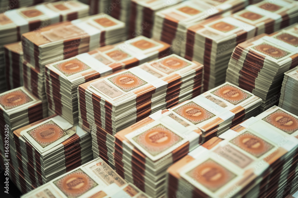 Obraz premium Stacks of bundled cash representing immense wealth and financial abundance. A close-up view of currency symbolizing economic prosperity, investment, and success