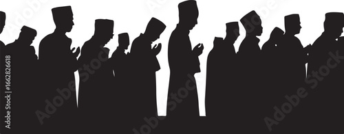 Silhouette of Muslim men praying together wearing kufi hats prayer Islamic