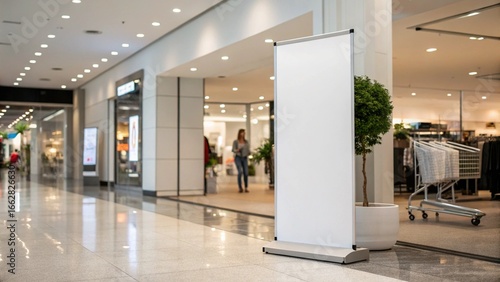Advertising Stand Display in Shopping Mall Interior, Advertising Banner Mockup in Shopping Mall Environment