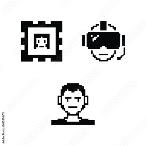 NFT and metaverse icon set, 3 icons pixelated art frame, VR headset, globe, avatar head. Fat, solid black vector shapes. Clean and simple.